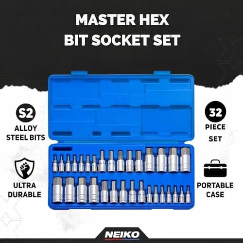 NEIKO 32 Piece SAE and Metric Hex Bit Socket Set 6.35mm (1/4") & 9.53mm (3/8") Drive | Precision S2 Steel thumbnail 2