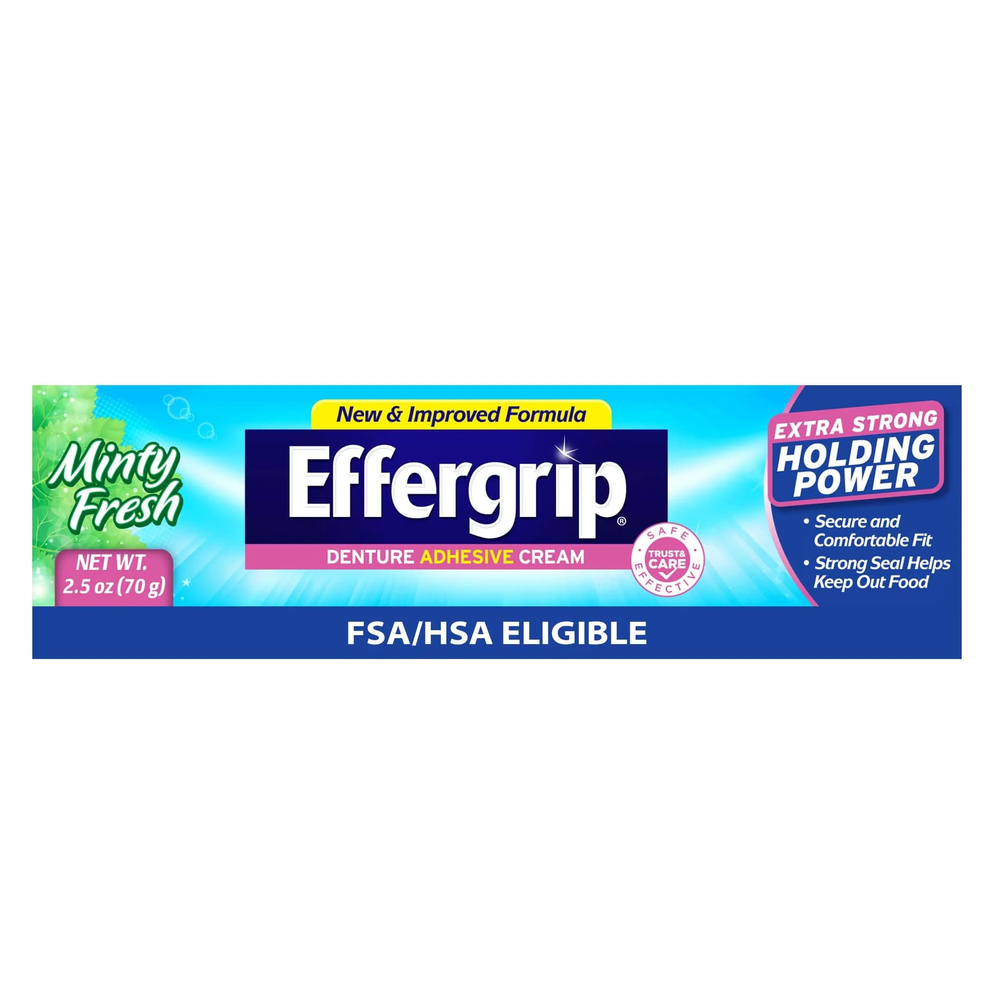 Effergrip Denture Adhesive Cream Minty Fresh 44.36 ml (1.5 Oz) | Zinc-Free Extra Strong Grip — 2.5 Ounce