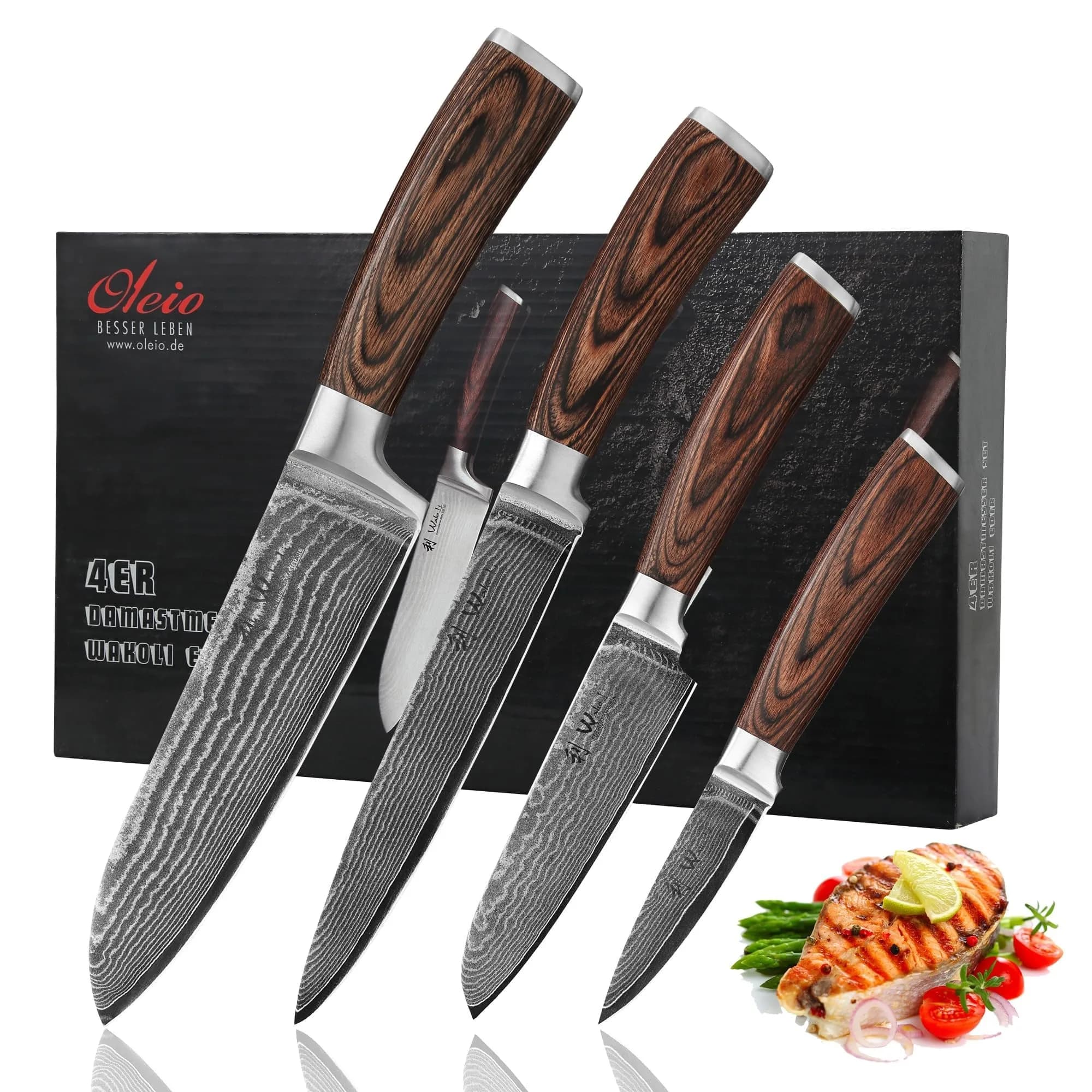 Wakoli EDIB 4-Piece VG10 Damascus Kitchen Knife Set, Pakkawood Handle | Precision & Durability for Home Chefs