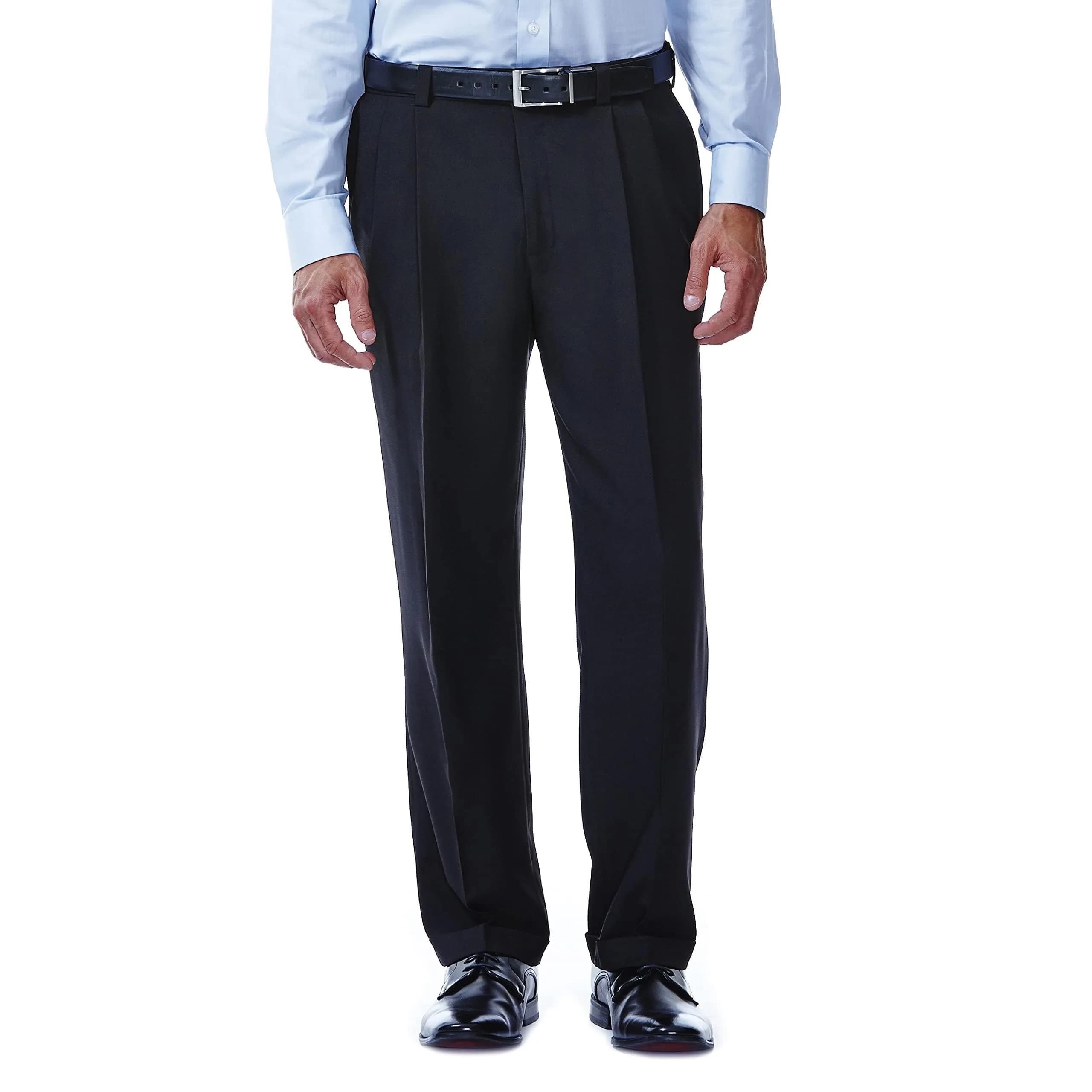 Haggar Men's E-Clo Repreve Classic Fit Pleat Front Dress Pant with Hidden Expandable Waistband Black 42W 30L | Sustainable Business Casual