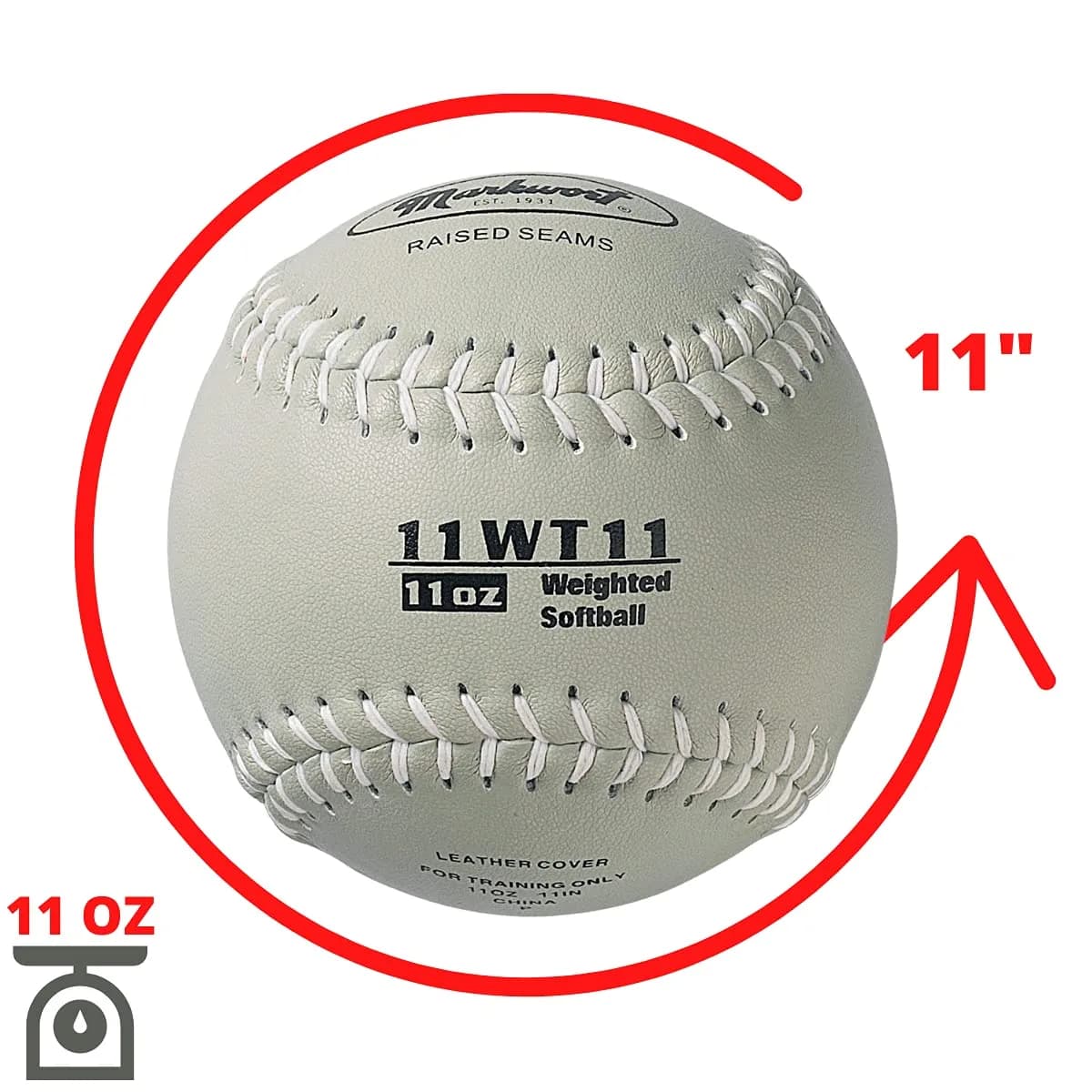 Markwort Color Coded Weighted 11-Inch Softball (2.27 kg / 5 lb, Grey) | Training Aid for Fast-Pitch - view 2
