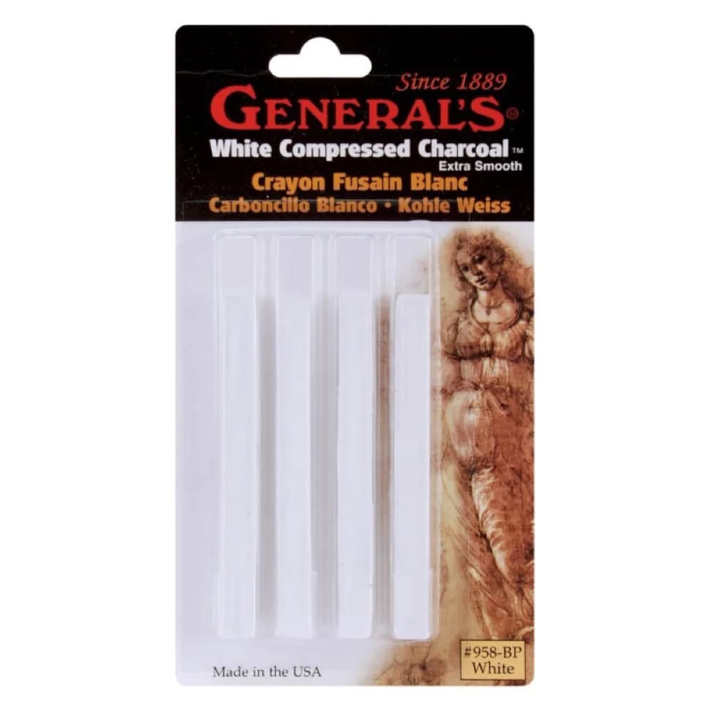 GENERAL'S White Compressed Charcoal Sticks Extra Smooth Medium 4-Pack | Drawing & Sketching - main product image