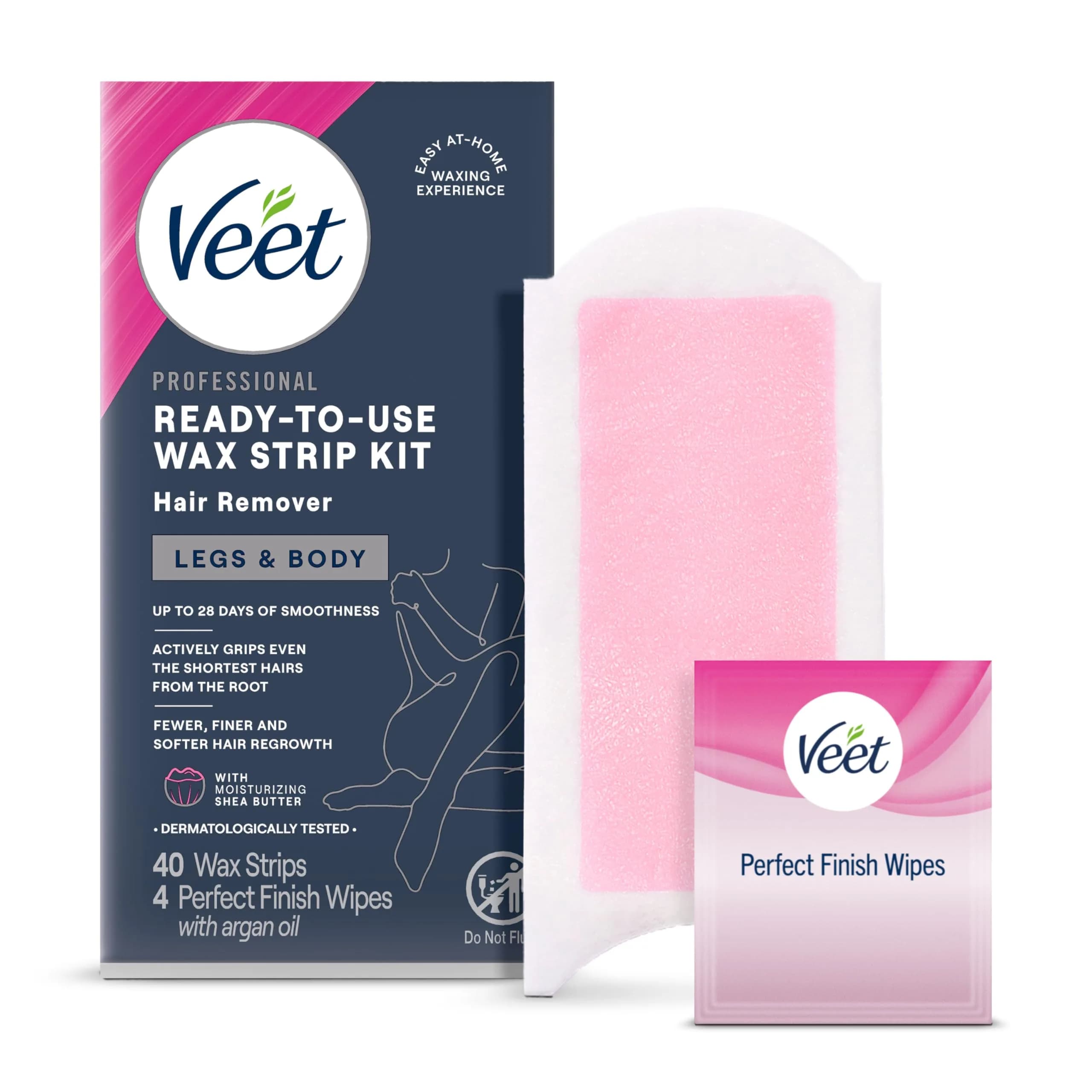 Veet Wax Strips Kit for Women, Body Hair Removal, 40 Strips + 4 Wipes | Effortless, Salon-Quality Results in Home — Pink