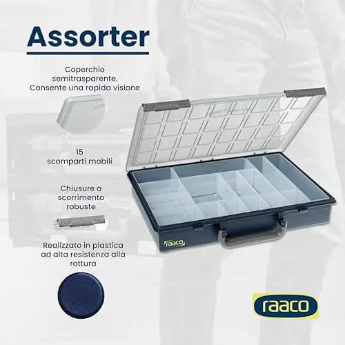 Raaco Assorter 55 4x8-15 Tool Box Organizer, 15-Slot, Semi-Transparent | Customizable Hardware Storage thumbnail 3