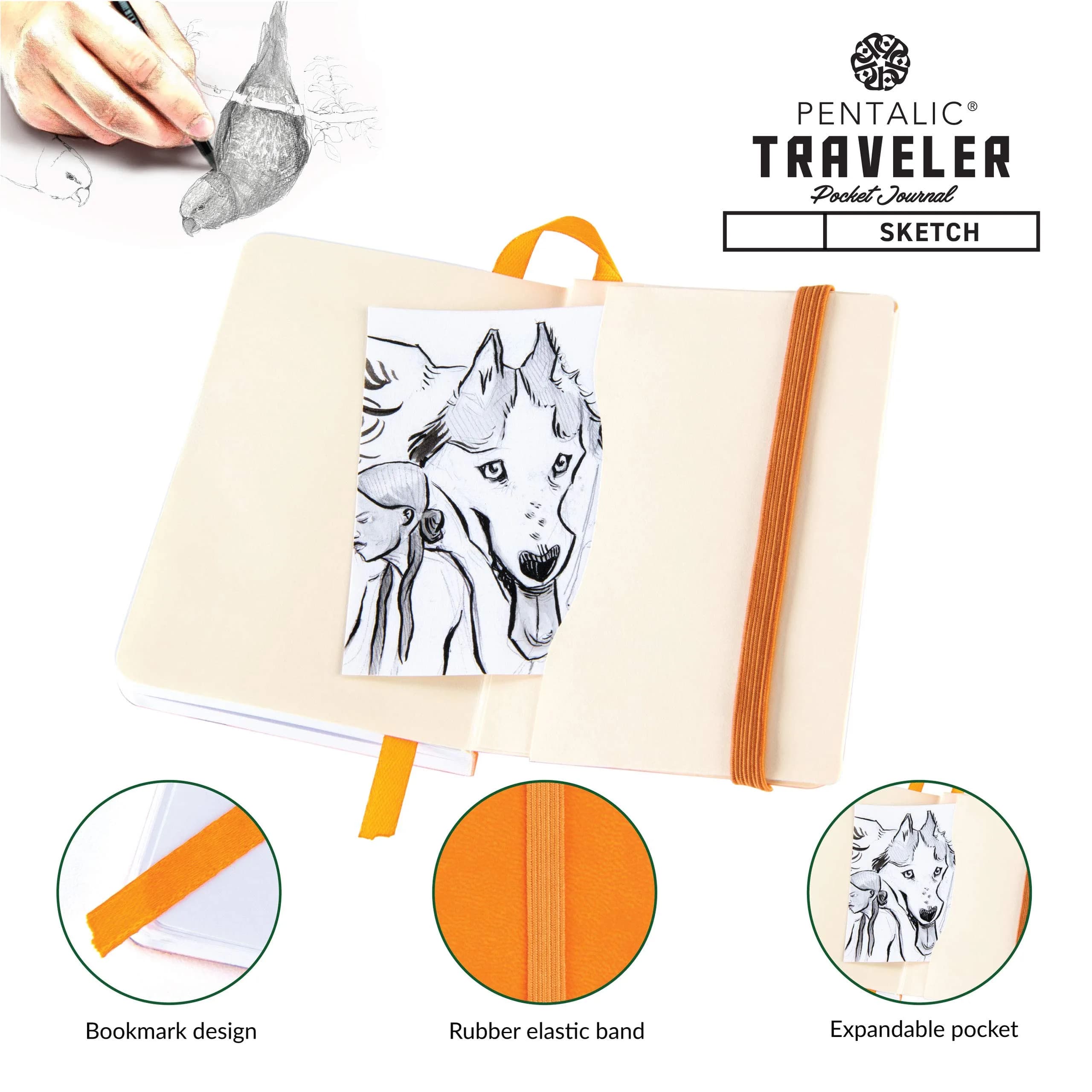 Pentalic 3" x 4" Pocket Sketchbook Traveler Journal, 160 Pages, Orange | Acid-Free Paper for Professionals & Students - view 4