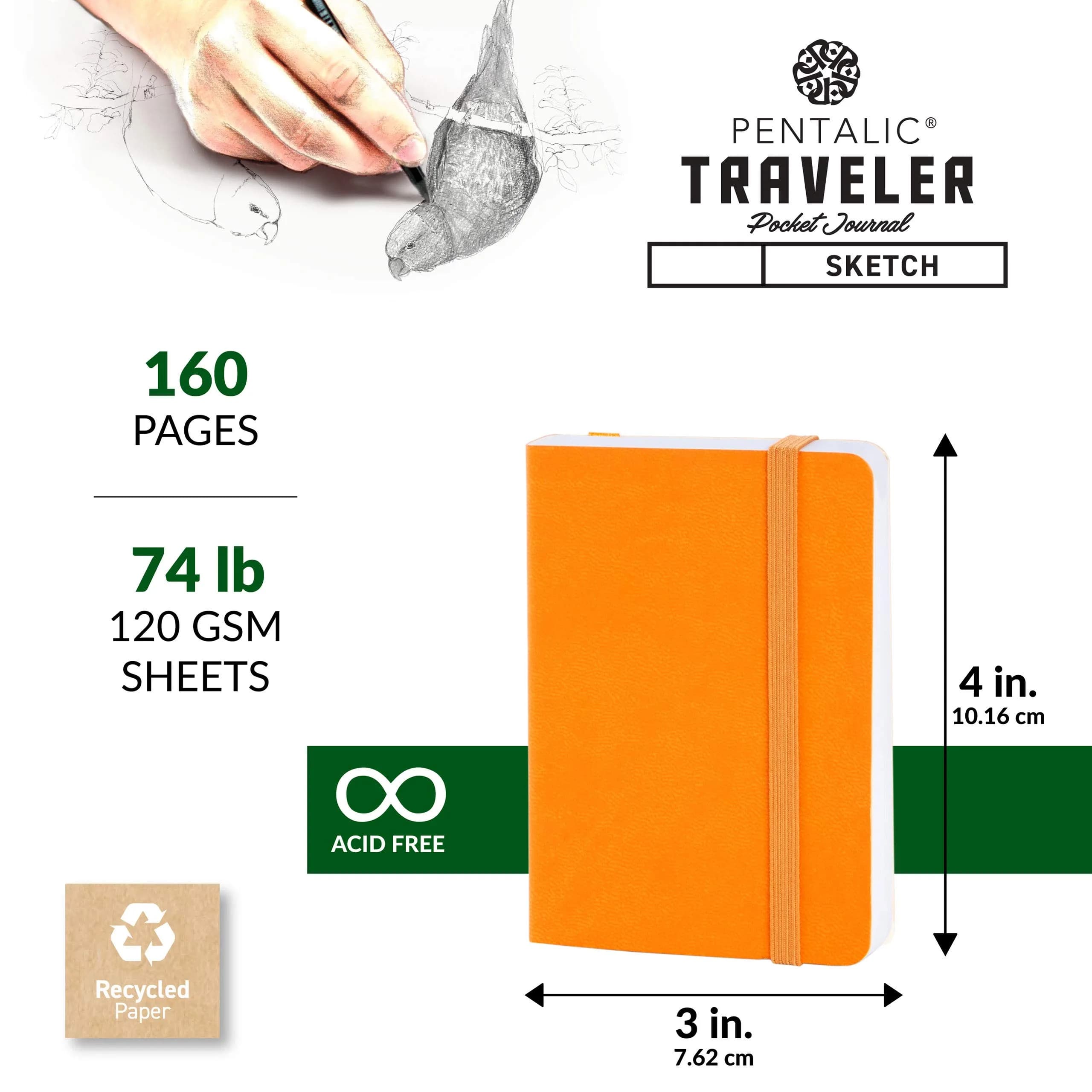 Pentalic 3" x 4" Pocket Sketchbook Traveler Journal, 160 Pages, Orange | Acid-Free Paper for Professionals & Students - view 3