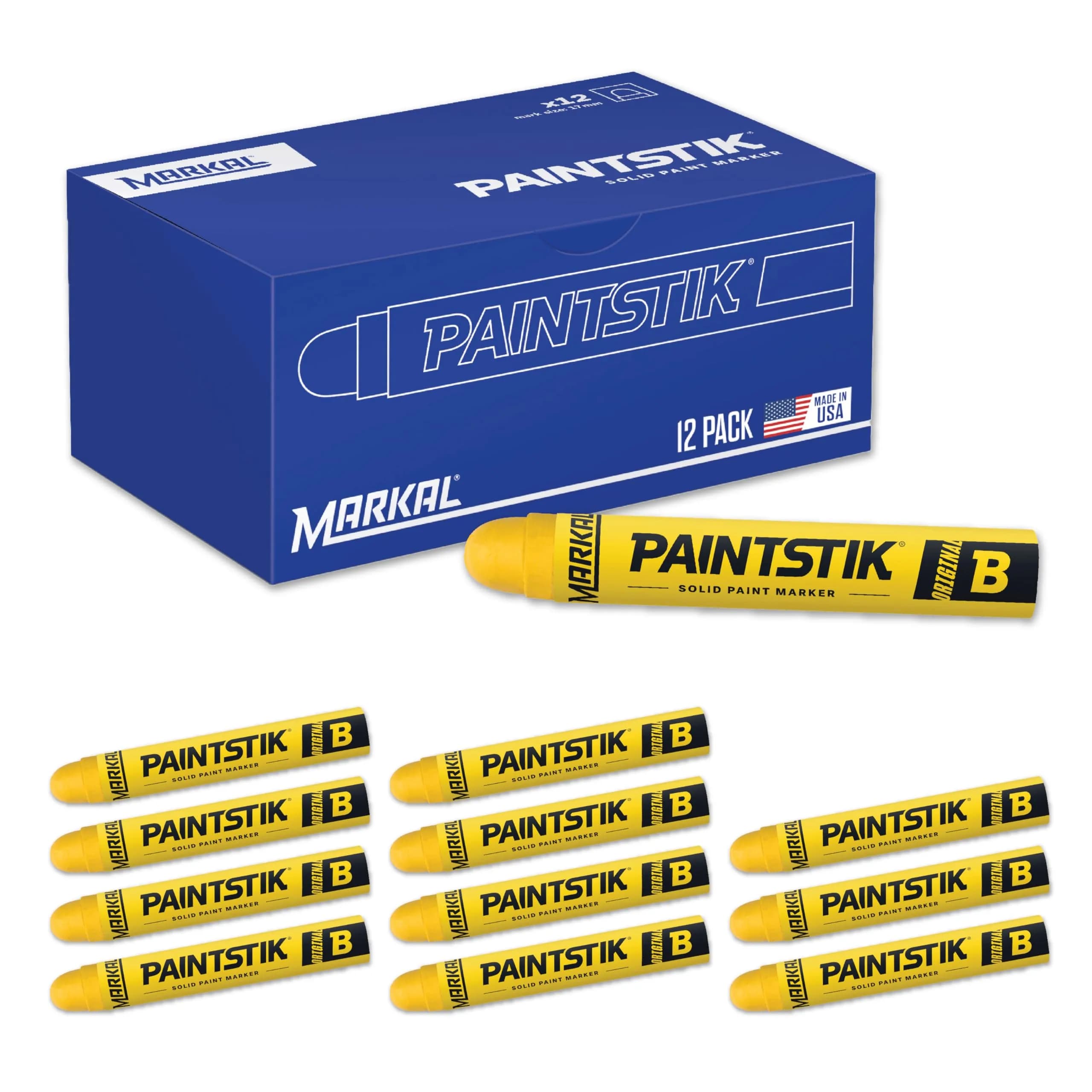 Markal Paintstik Solid Paint Marker Yellow 11/16" x 4-3/4" (Pack of 12) | Professional Grade Marking Pen - main product image