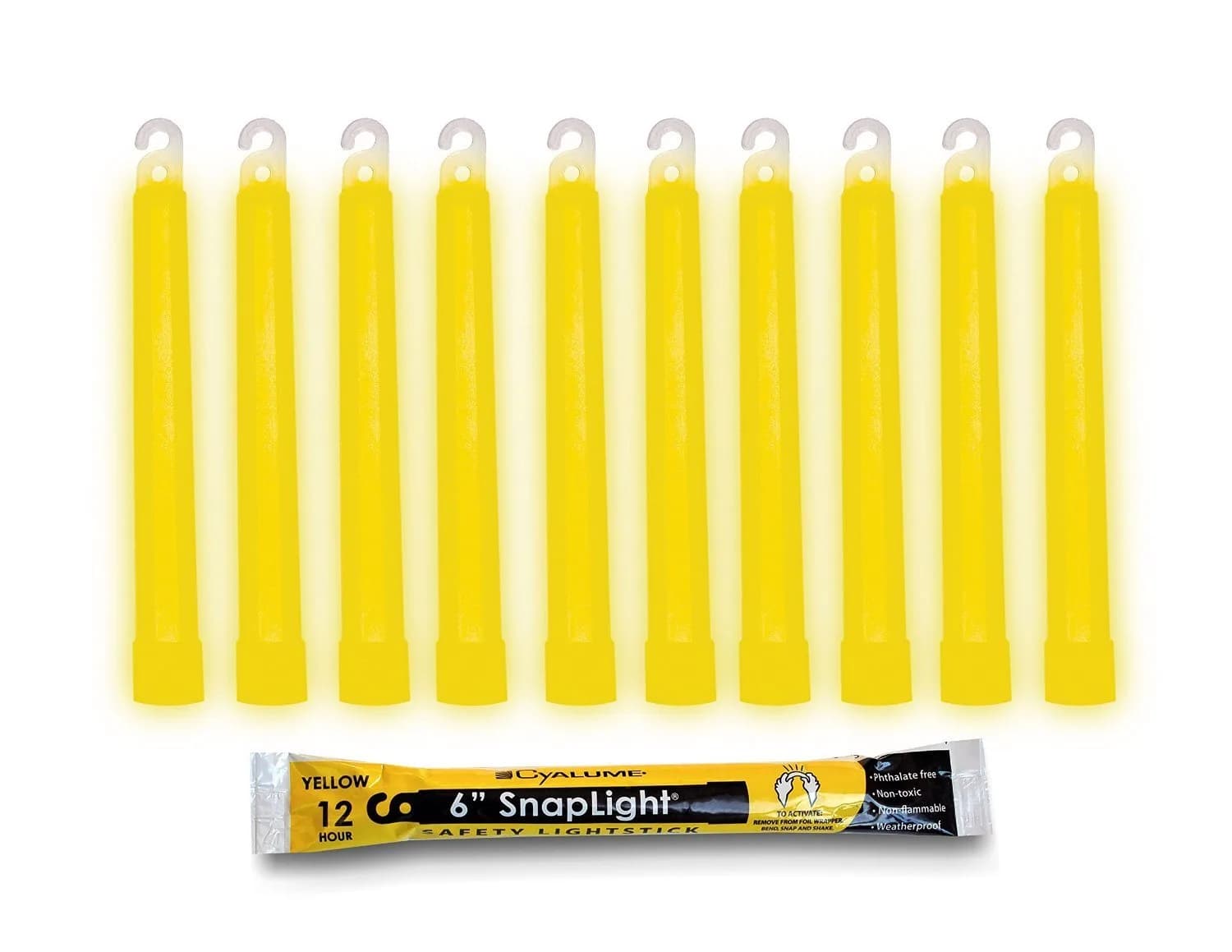 Cyalume Yellow Survival Glow Sticks - 10 Pack, 6" Long, 12-Hour Duration | Emergency Flares & Hiking Safety Gear