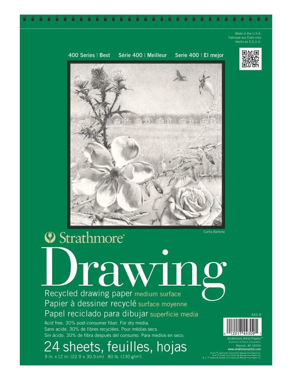 Strathmore Recycled Drawing Paper Pad Wire Bound 9"X12" | 80lb, 24 Sheets, Eco-friendly