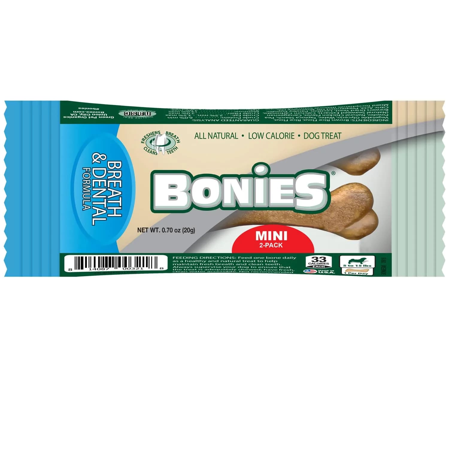 Bonies Natural Breath and Dental Formula Treats for Dogs, 2 Mini Bones Pack | All Natural, Freshens Breath, Low Calories, Made in USA