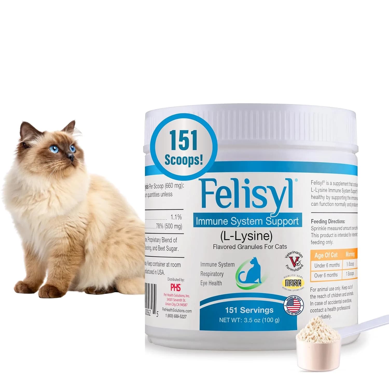 Pet Health Solutions Felisyl L-Lysine Granules for Cats 100g (3.5 oz) Supports Immune & Respiratory Health