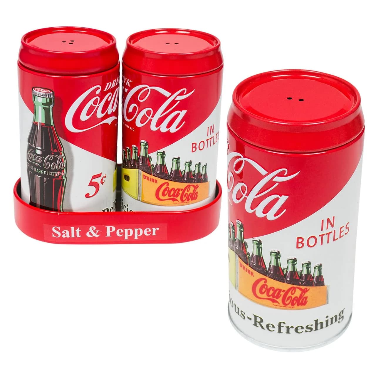 The Tin Box Company Coca Cola Salt & Pepper Set in Metal Caddy | Licensed Kitchen Utensil (70-120 chars)