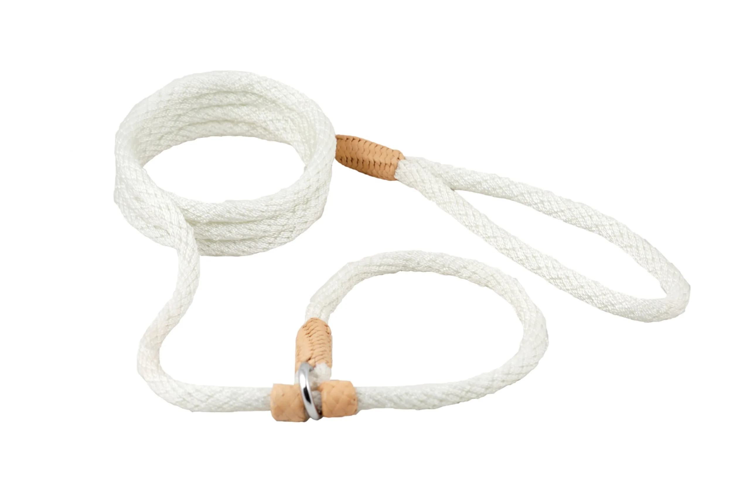 Alvalley Nylon Dog Training Leash with 2 Stoppers 1.83 m (6 ft) | Adjustable Rope Slip Lead with Leather Ends — White
