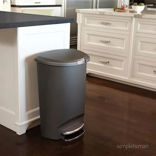 simplehuman 50 Liter (13 Gallon) Semi-Round Kitchen Step Trash Can with Slide Lock, Grey Plastic | Space-Efficient Design for Busy Kitchens thumbnail 2