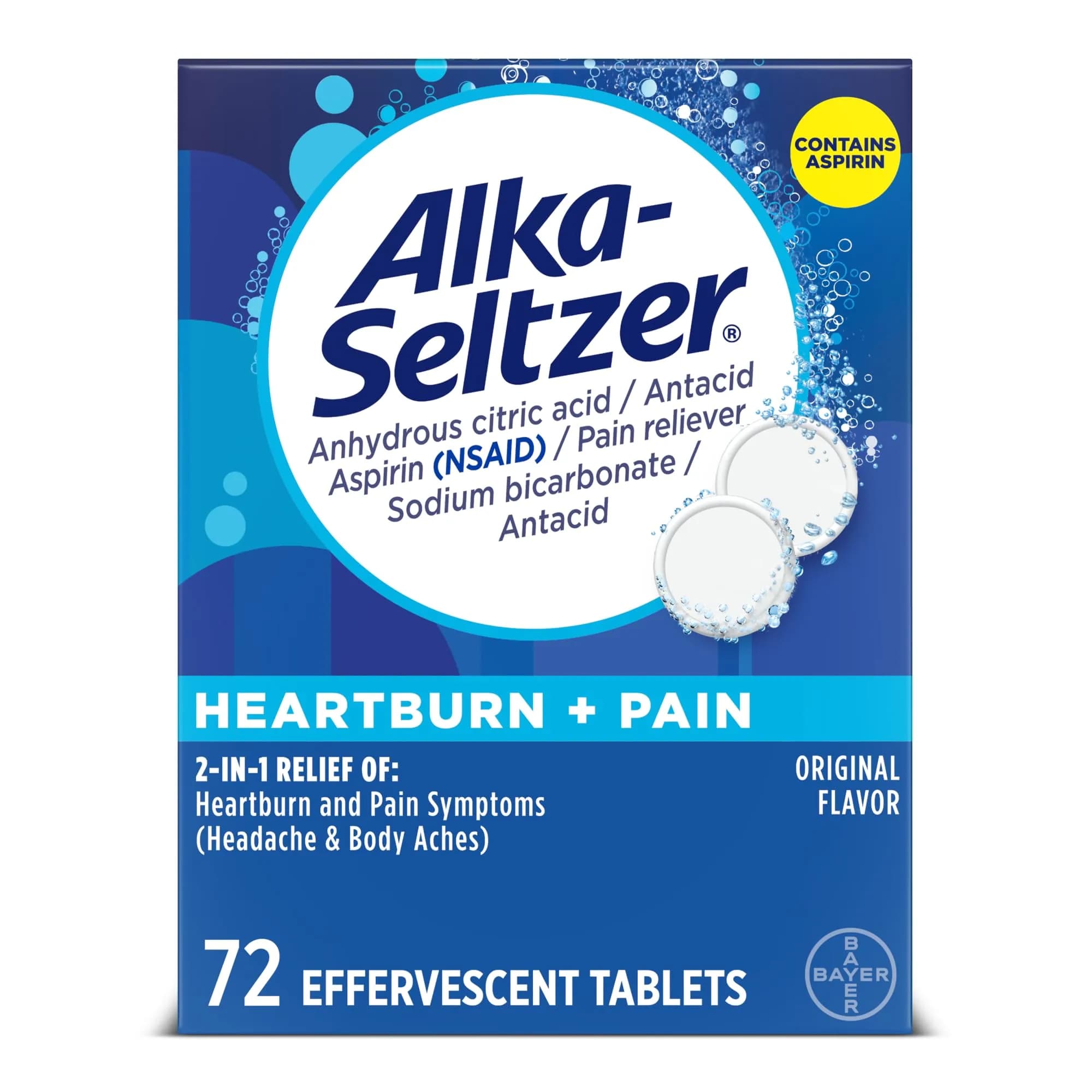 Alka-Seltzer Heartburn + Pain Effervescent Tablets 72 ct | Fast Relief for Heartburn & Pain — White