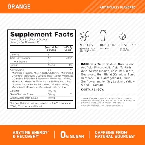 Optimum Nutrition Amino Energy Powder Orange Cooler 270g (9.5 Oz) | BCAAs & Caffeine for Energy & Focus thumbnail 4