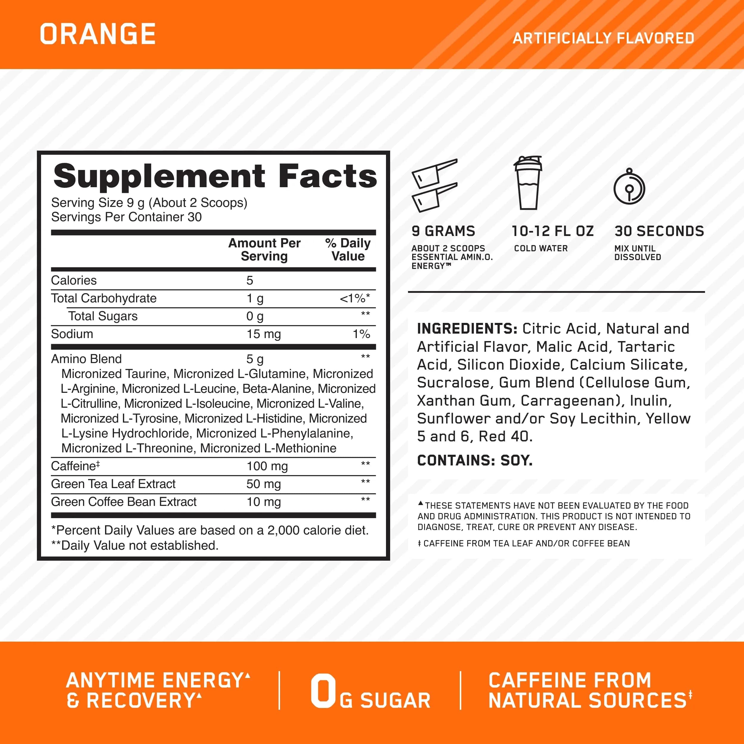 Optimum Nutrition Amino Energy Orange Cooler - BCAA & Energy Blend for Workouts (9.5 Oz) - view 4
