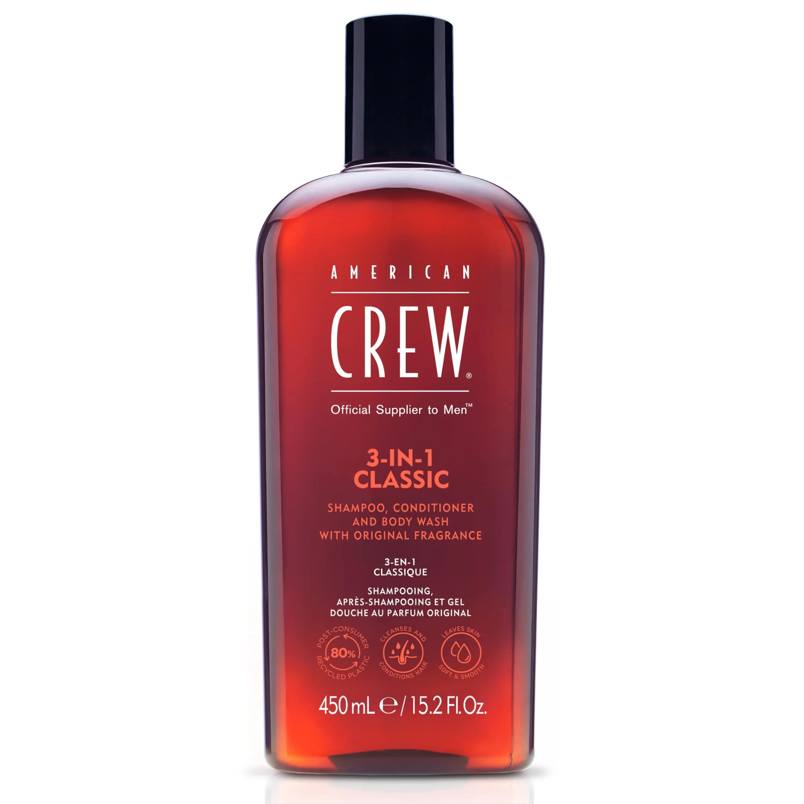 American Crew 3-in-1 Shampoo, Conditioner & Body Wash 1000ml (33.8 Fl Oz) | Classic Scent for Men — Clear