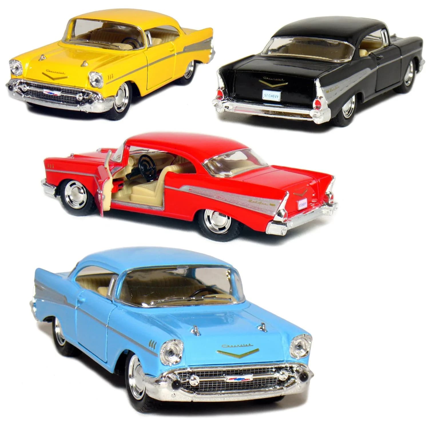 KiNSMART 1957 Chevy Bel Air Coupe 1:40 Scale 5" Die Cast Metal Classic Toy Car (4Set) | Authentic Miniature with Pull-Back Action — 4set