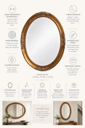 Howard Elliott Collection Queen Ann Oval Antique Gold Leaf Wall Mirror | Beveled, Vintage Style, 25 x 33 Inch thumbnail 8