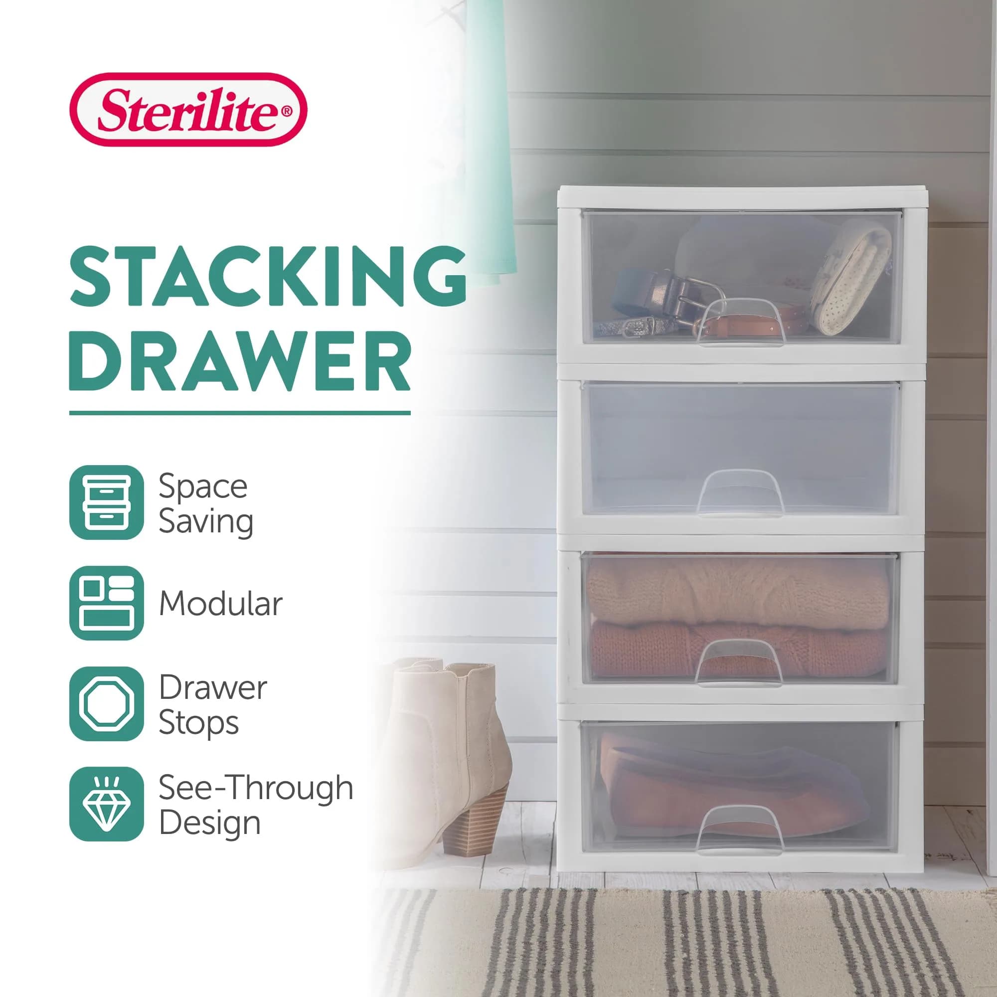 Sterilite Stacking Drawer Storage Organizer 16 Quart (15 L) | 6-Pack White - view 3