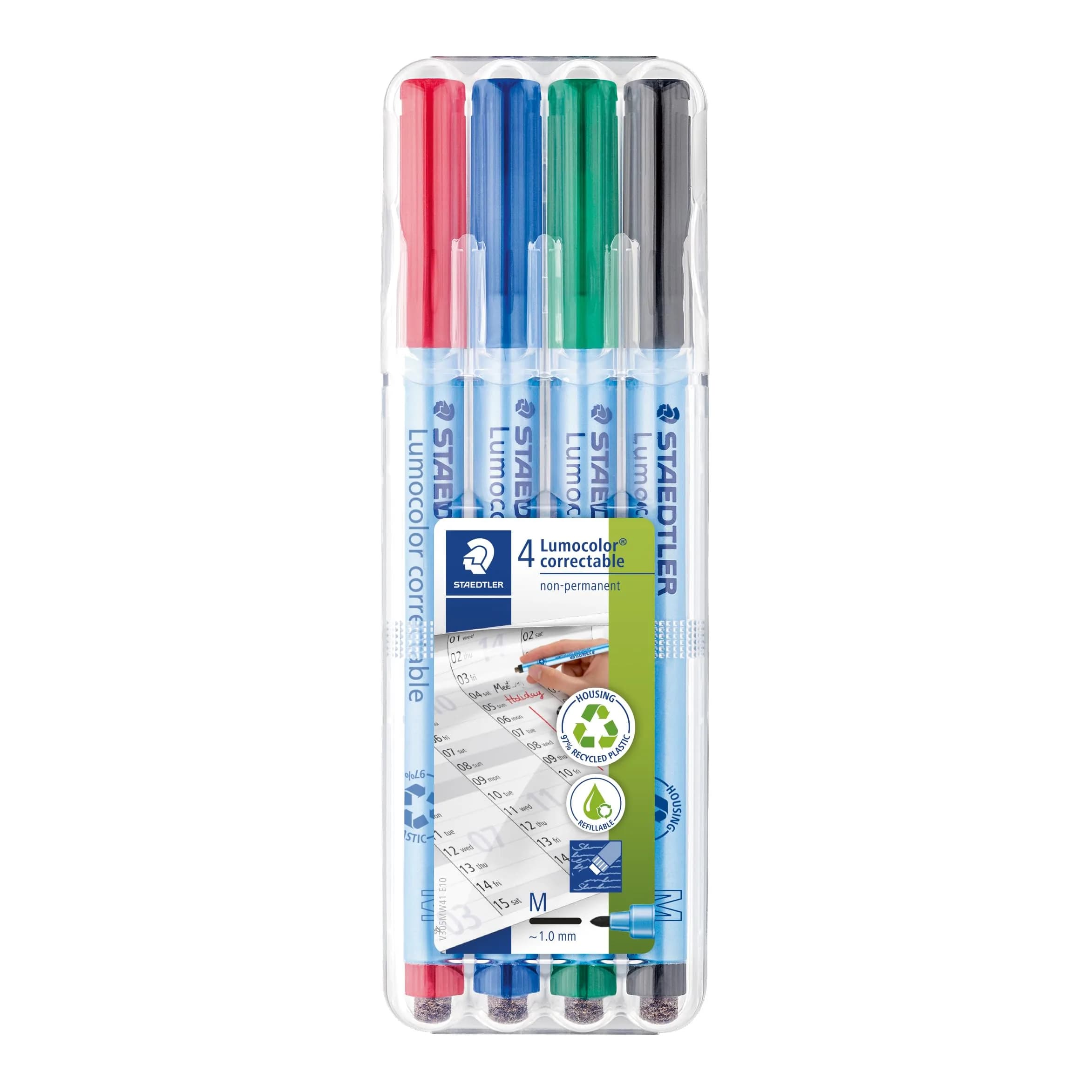 STAEDTLER Lumocolor Dry Erase Whiteboard Marker Pen with Cap Eraser, Medium Tip, Low Odor Colored Markers, 4 Pack, 305M WP4-1, Multi (305M WP4-1ST) | Vibrant, Correctable Ink - main product image