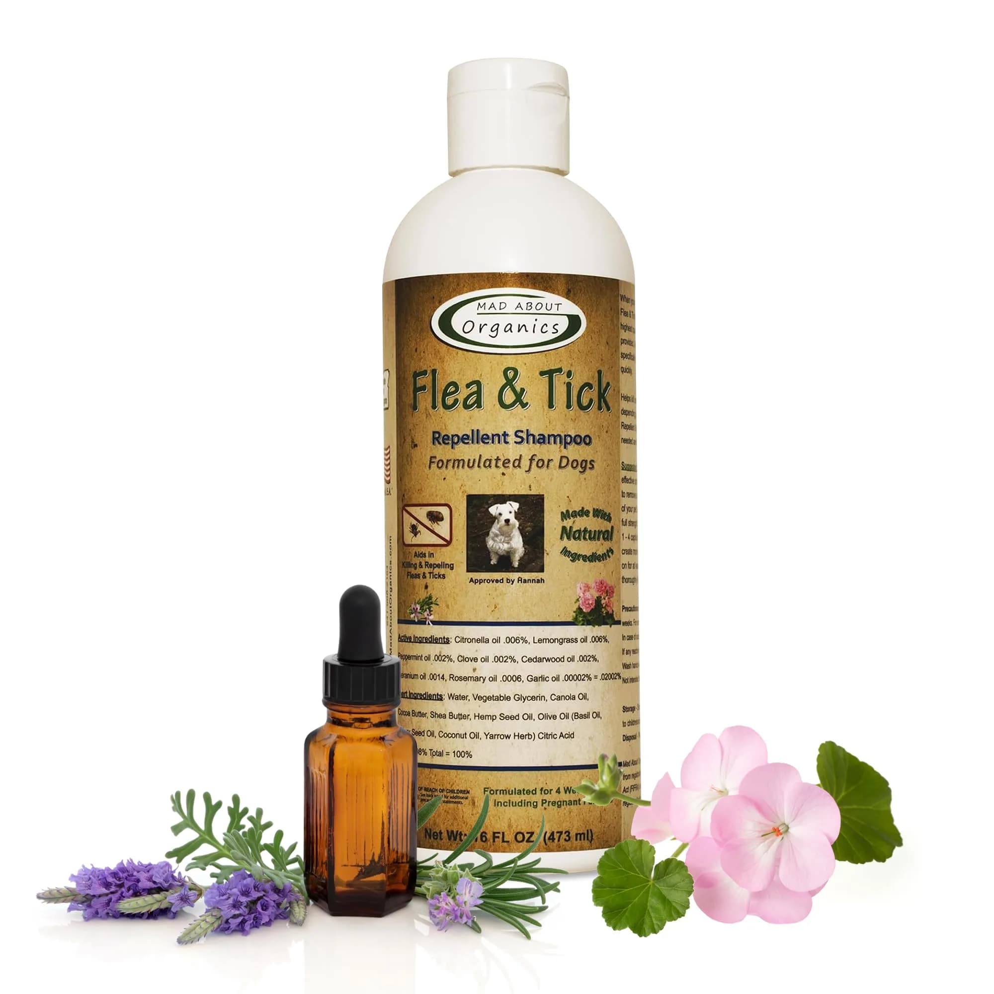Mad About Organics Flea & Tick Protection Shampoo for Dogs – Gentle, pH Balanced, 16 FL OZ | Natural Shea & Cocoa Butter — 16 oz