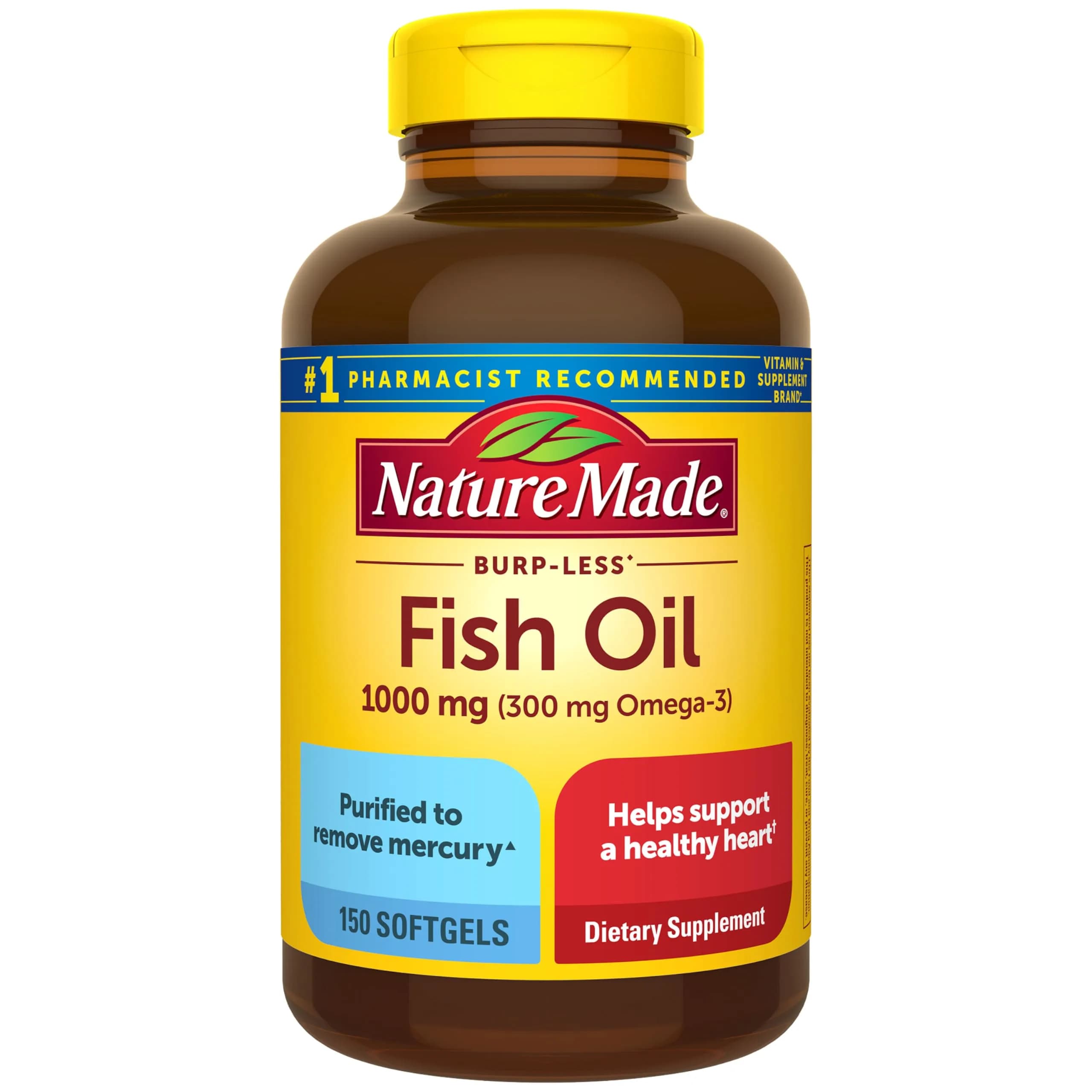 Nature Made Burp Less Fish Oil Omega 3 1000mg Softgels 150 Count | Heart Health Support Supplement - main product image