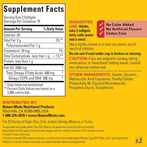 Nature Made Burp Less Fish Oil Omega 3 1000mg Softgels 150 Count | Heart Health Support Supplement thumbnail 6