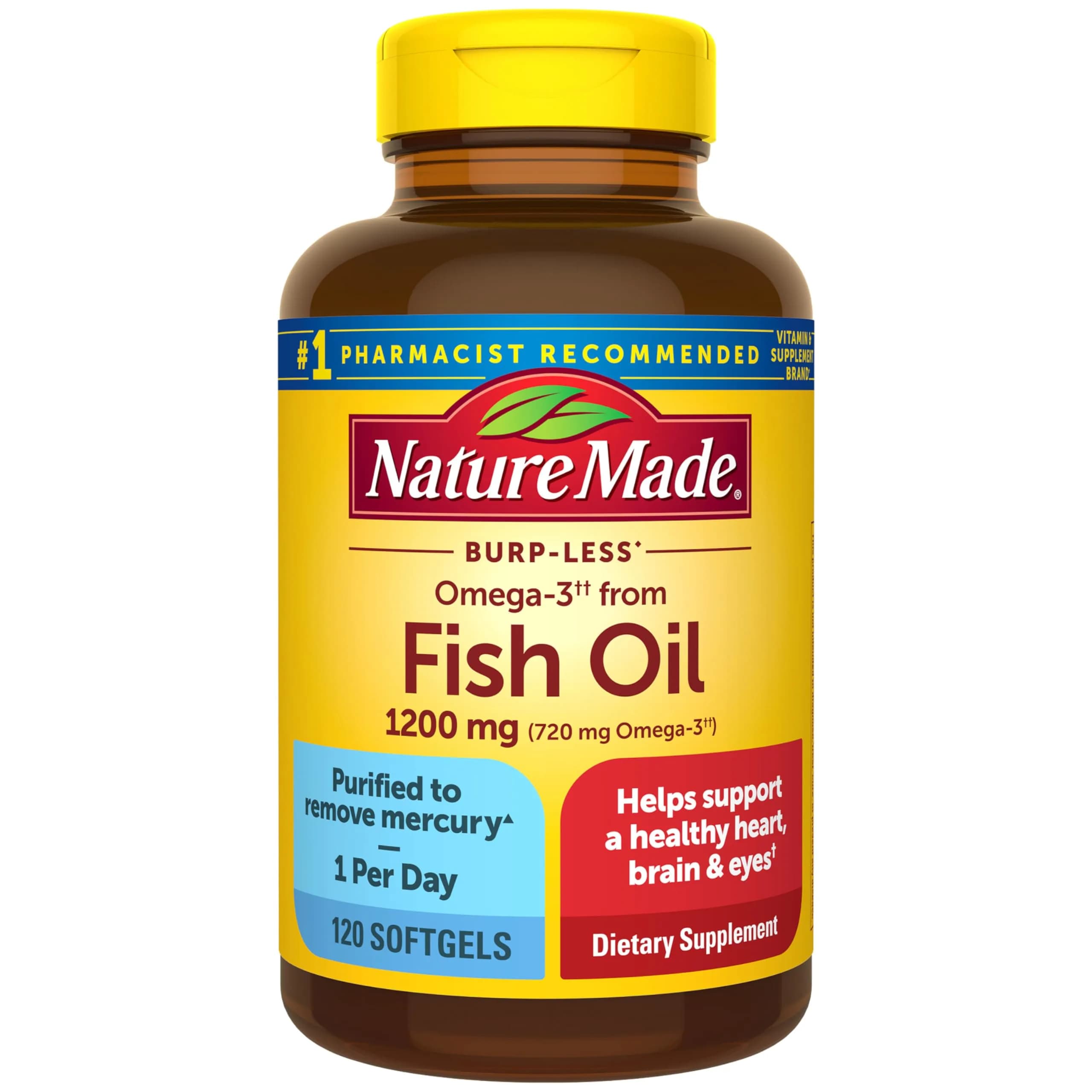Nature Made Burp Less Fish Oil Omega 3 1200 mg Softgels, 120 Count | Heart, Brain & Eye Support — Nature Made One Per Day Burpless Fish Oil 1200 Mg W. Omega-3 720 Mg Softgels