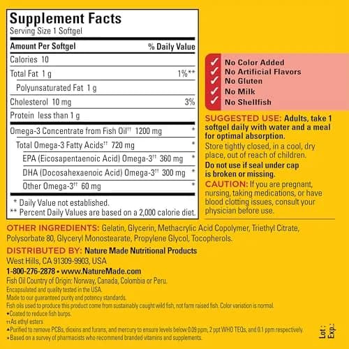 Nature Made Burp Less Fish Oil Omega 3 1200 mg Softgels, 120 Count | Heart, Brain & Eye Support thumbnail 7