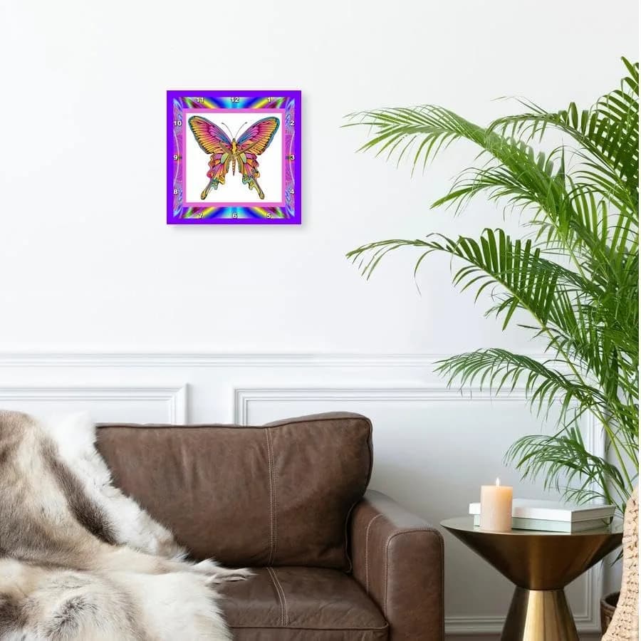 3dRose Wall Clock Silent - 10 inch - Psychedelic Butterfly - Designs Retro Themes | 10 inch Round Aluminum thumbnail 3