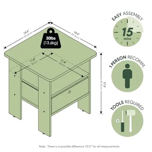Furinno ANDREY Square Side Table 15.5 in (39.4 cm) | Space Saving, Modern Design, Durable Composite Wood thumbnail 3