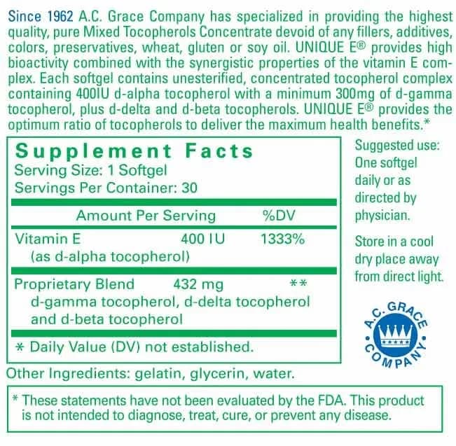 Unique E Mixed Tocopherols Vitamin E Softgels 30 Count | High Gamma Complex Support thumbnail 4