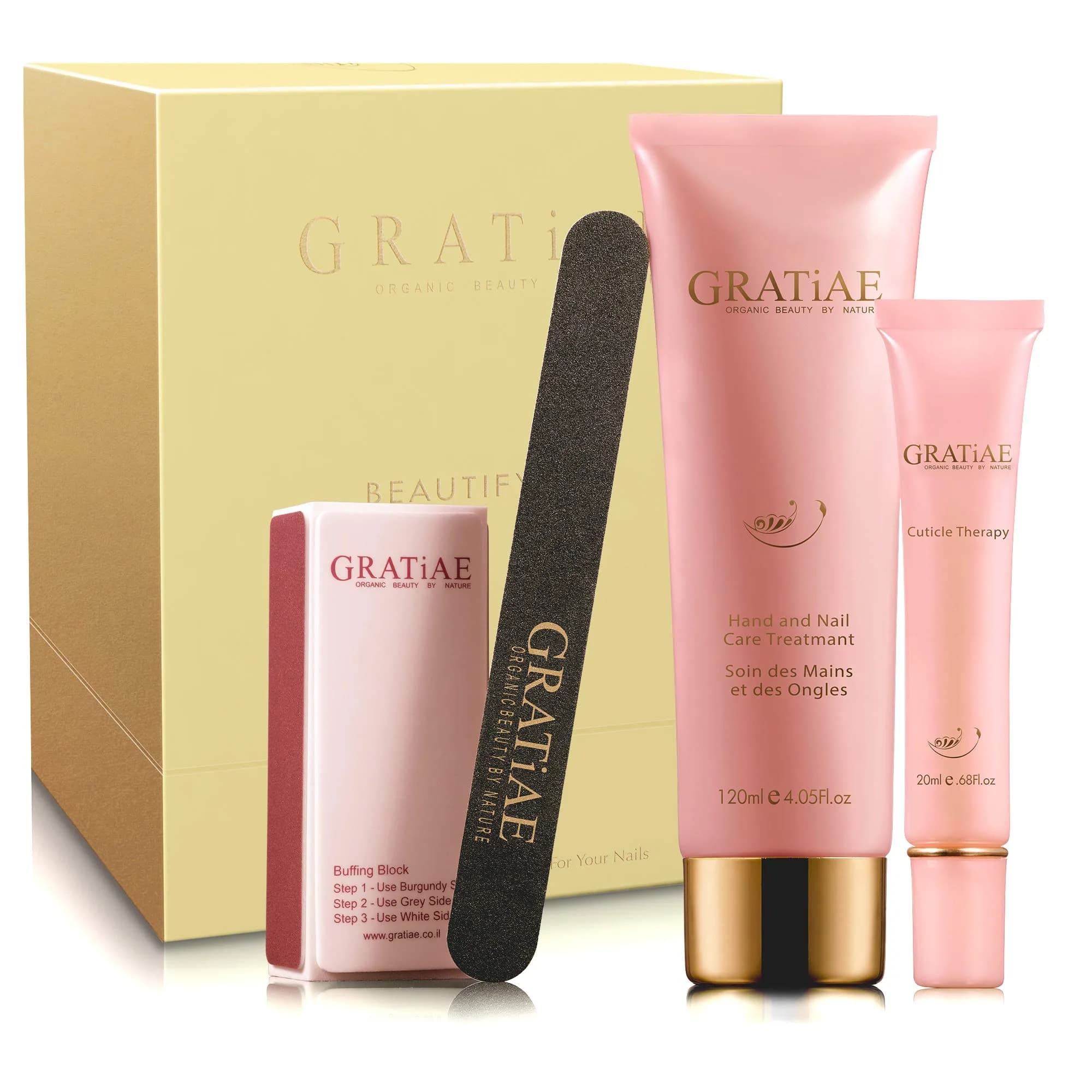 Gratiae Organic Beauty Nail Buffer Kit for Salon-Quality Manicure | 3-Step Buffer, Cuticle Oil & Hand Lotion (1.35 lbs, 13.5 cm x 5.08 cm x 18.54 cm)