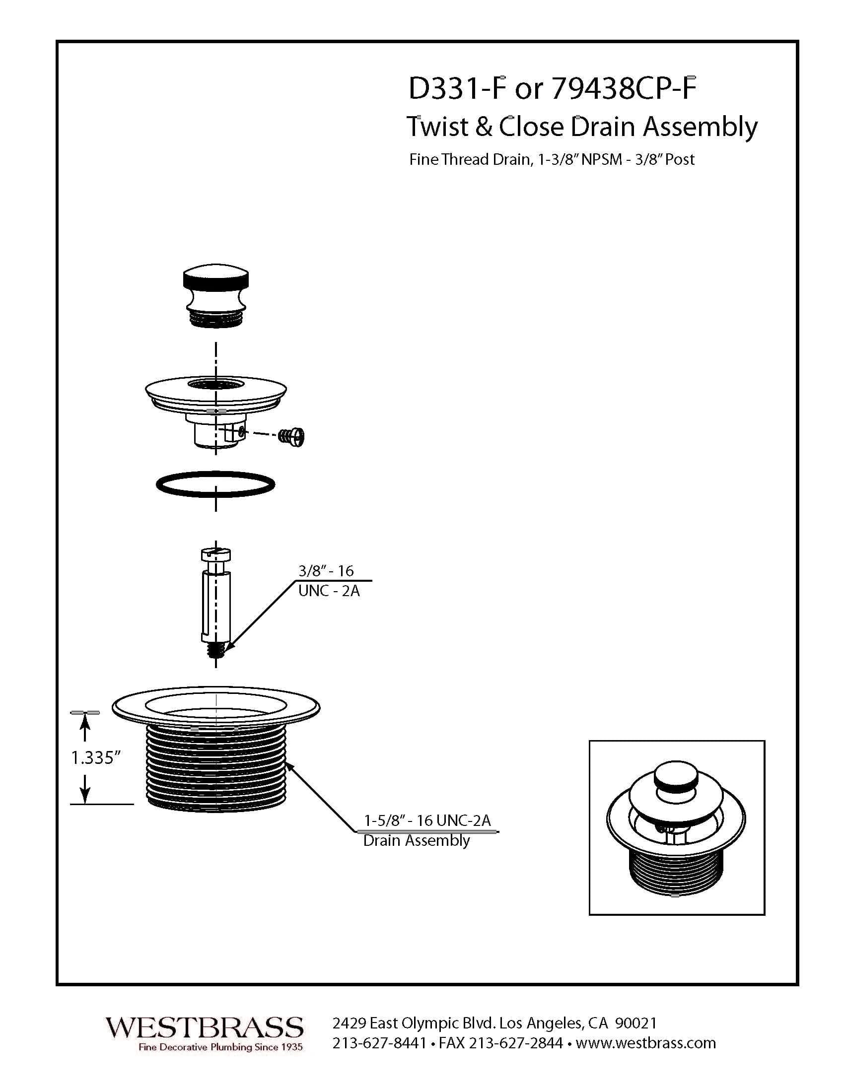 Westbrass Twist & Close Bath Drain Plug 1-1/4" NPSM Fine Thread | Polished Chrome, 18.29 mm (0.72 in) - view 2