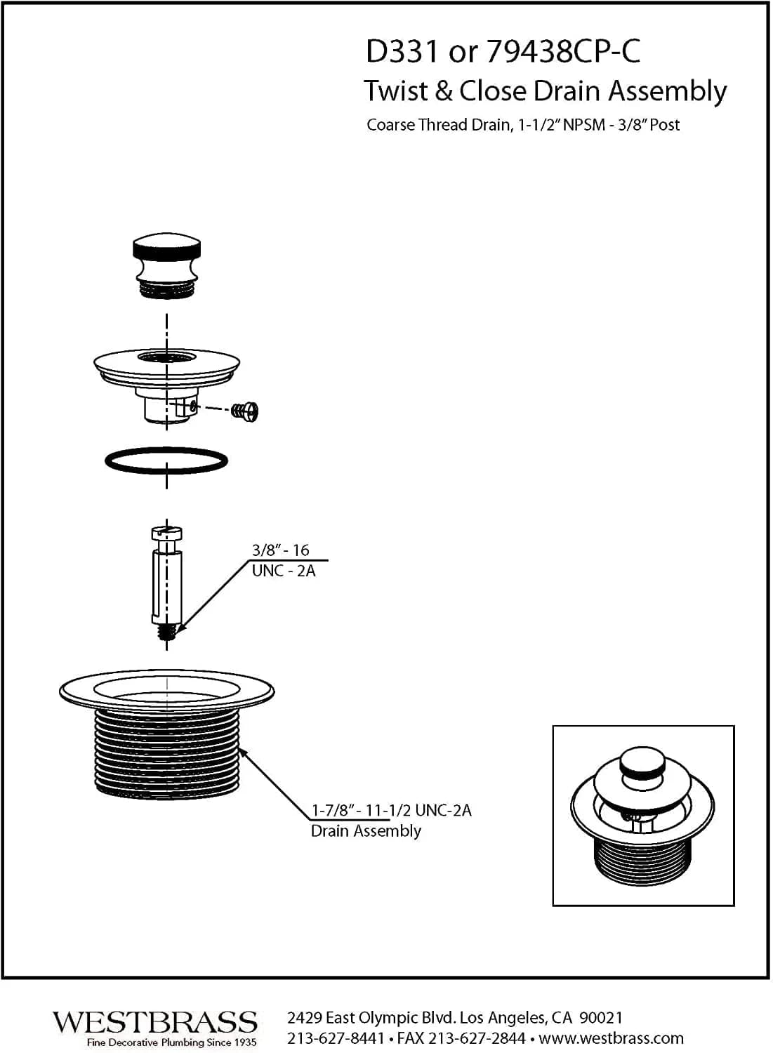 Westbrass 79438CP-Z Twist & Close Bathtub Drain Plug 3.8cm (1.5") | Fits Coarse Thread Tub Drain Shoe - view 2