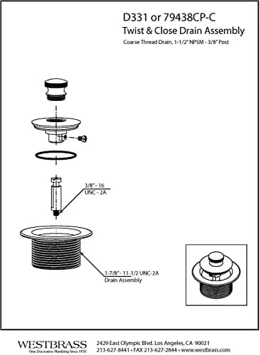 Westbrass 79438CP-Z Twist & Close Bathtub Drain Plug 3.8cm (1.5") | Fits Coarse Thread Tub Drain Shoe thumbnail 2