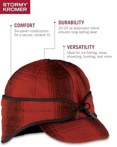 Stormy Kromer Rancher Cap, Red/Black Plaid, Size 7 5/8 | Extreme Cold Weather Insulation thumbnail 4
