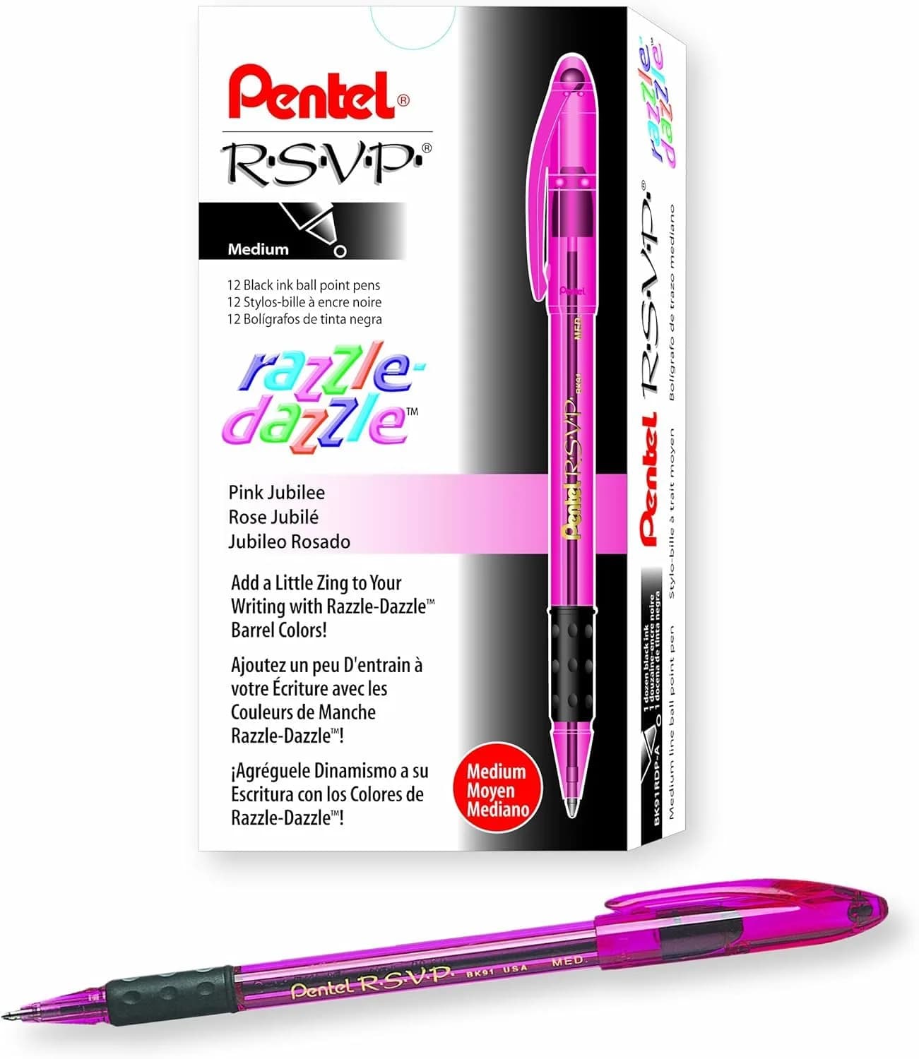 Pentel RSVP Razzle-Dazzle Ballpoint Pen (1.0mm) Medium Line | Pink Barrel, Black Ink, Box of 12