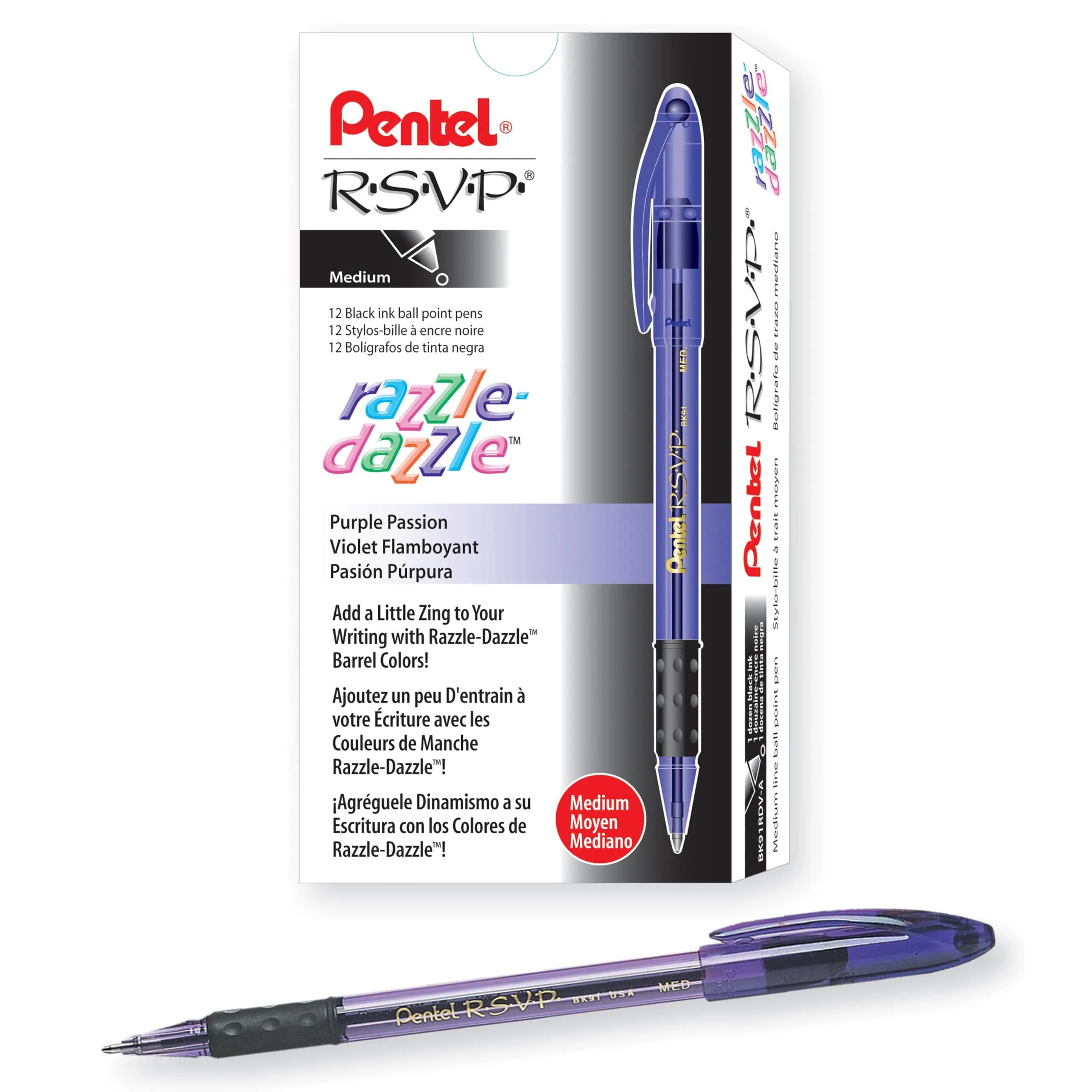 Pentel RSVP Razzle-Dazzle Ballpoint Pen 1.0mm Medium Line | Violet Barrel, Black Ink, Box of 12