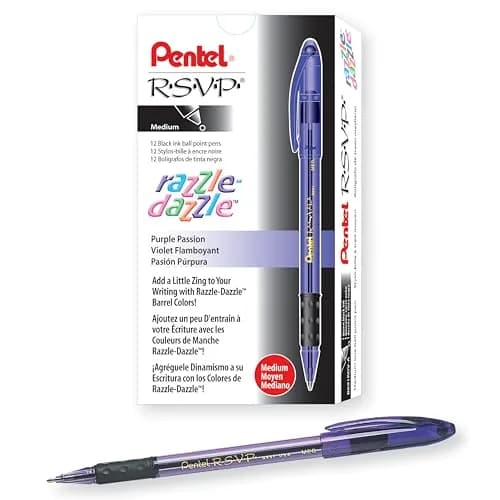 Pentel RSVP Razzle-Dazzle Ballpoint Pen 1.0mm Medium Line | Violet Barrel, Black Ink, Box of 12 thumbnail 1