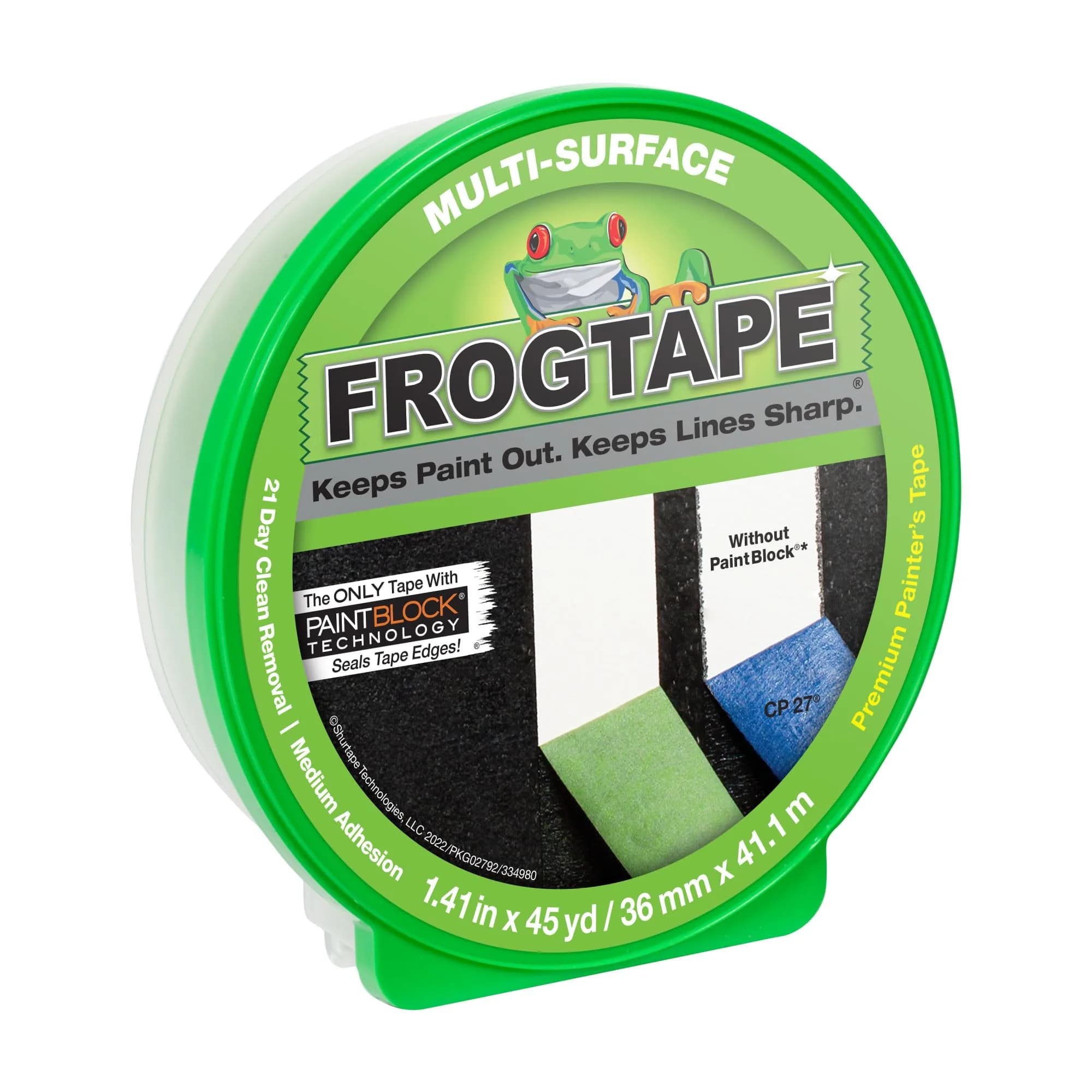 FrogTape Multi-Surface Painter's Tape with PAINTBLOCK, 1.41 in x 45 Yds | Sharp Edges, Clean Removal, USA Made — 1 Roll, 1.41" x 45 Yds