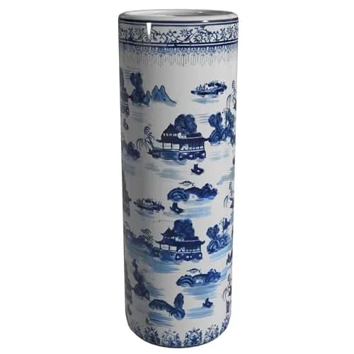 Red Lantern Oriental Furniture 20" Landscape Blue & White Porcelain Umbrella Stand | Traditional Chinese Design thumbnail 1