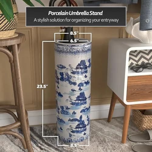 Red Lantern Oriental Furniture 20" Landscape Blue & White Porcelain Umbrella Stand | Traditional Chinese Design thumbnail 4