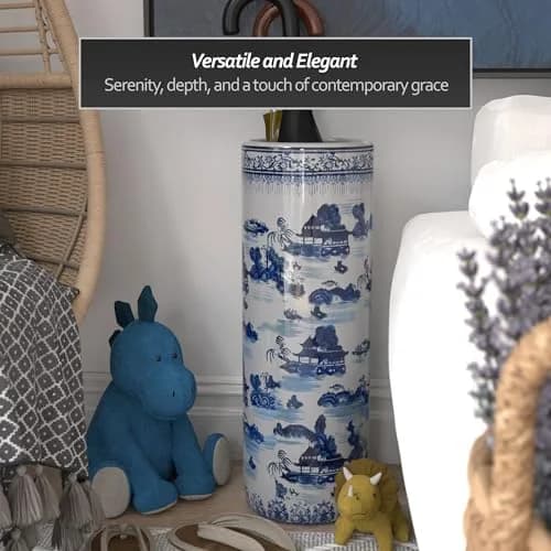 Red Lantern Oriental Furniture 20" Landscape Blue & White Porcelain Umbrella Stand | Traditional Chinese Design thumbnail 5