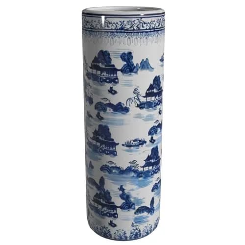 Red Lantern Oriental Furniture 20" Landscape Blue & White Porcelain Umbrella Stand | Traditional Chinese Design thumbnail 6