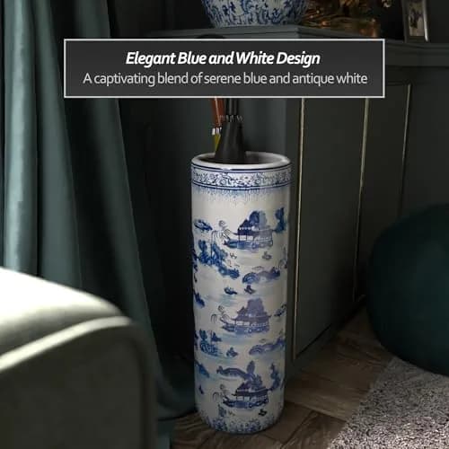 Red Lantern Oriental Furniture 20" Landscape Blue & White Porcelain Umbrella Stand | Traditional Chinese Design thumbnail 2