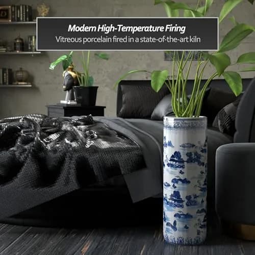 Red Lantern Oriental Furniture 20" Landscape Blue & White Porcelain Umbrella Stand | Traditional Chinese Design thumbnail 3