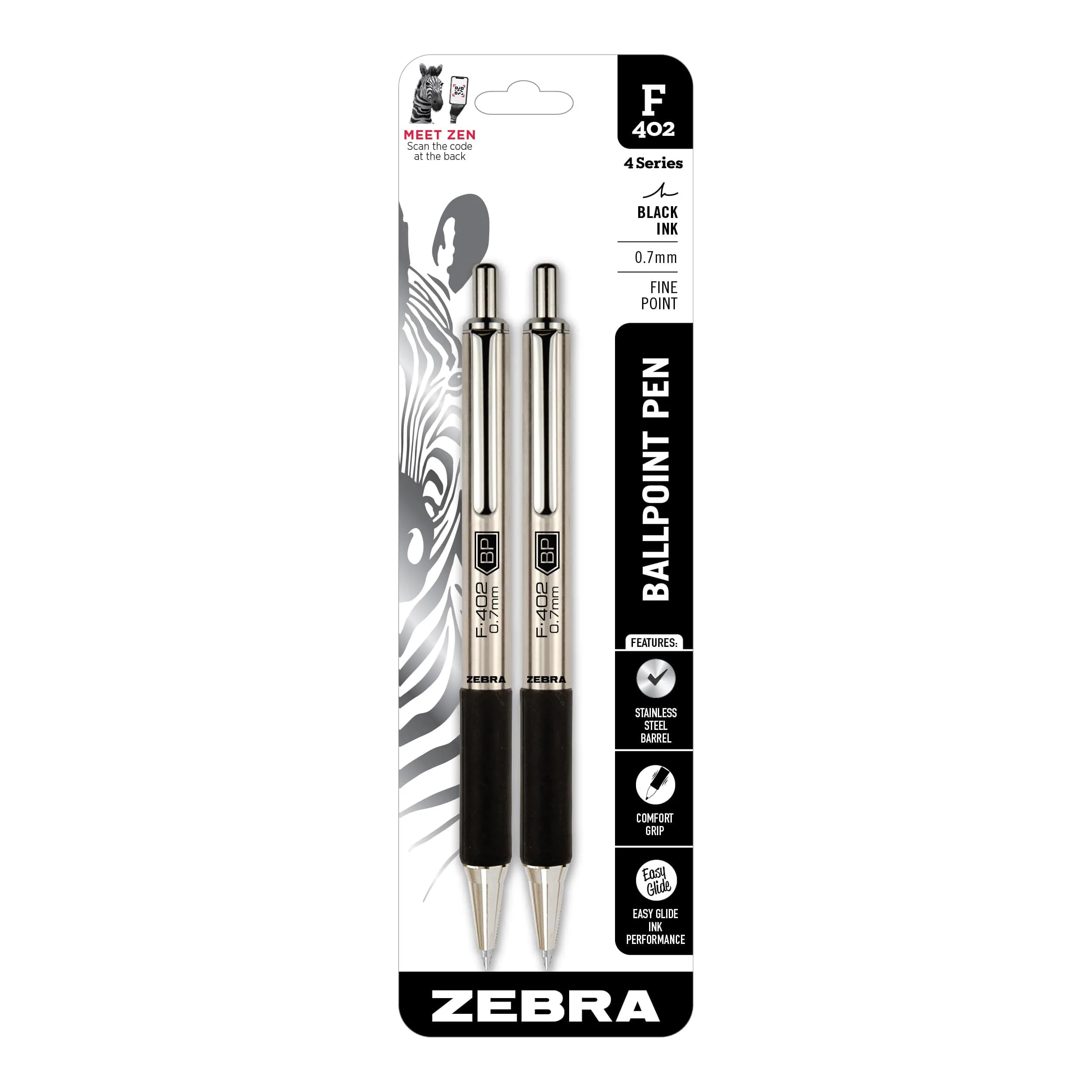Zebra Pen STEEL F-402 Retractable Ballpoint Pen 0.7mm | Durable Stainless Steel, Precise Fine Point, Refillable, 2-Pack — Black